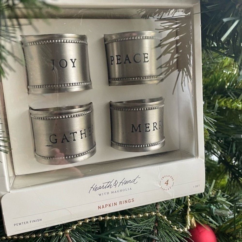 Magnolia Hearth & Hand PewterFinish 4 pc Napkin Rings NWT Joy~Peace~Gather~Merry
